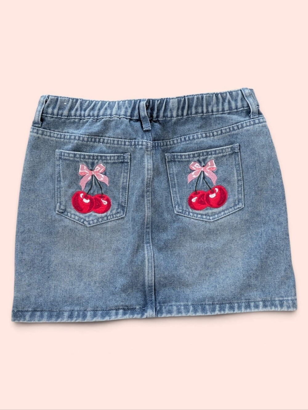 Blue Asphalt Women’s Blue Denim Mini Skirt Embroidered Cherry Pockets Size M